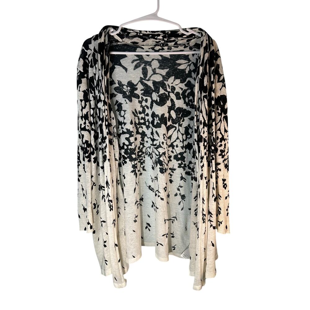 lightweight open-front cardigan 100% Linen cream & black floral pattern XL